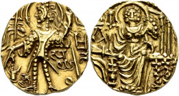 INDIA, Kushan Empire. Shaka, circa 325-345. Dinar (Gold, 19 mm, 7.77 g, 6 h), uncertain mint. Shaka standing front, head to left, armed with sword, sa...