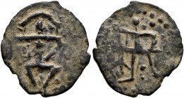 INDIA, Post-Kushan (Baktria). Jouan-Jouan. Anonymous, circa 190-230. AE (Bronze, 19 mm, 1.72 g, 12 h), imitating a bronze issue of Huviska. King seate...