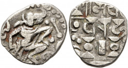 INDIA, Post-Gupta (Pratiharas). Bhoja I (Prabhasa/Adivarha/Mihira), 836-885. Drachm (Silver, 19 mm, 3.92 g). Boar-headed Varaha jumping right; to left...