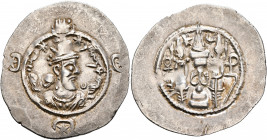 SASANIAN KINGS. Khosrau I, 531-579. Drachm (Silver, 33 mm, 4.12 g, 4 h), MY (Meshan), RY illegible. Draped bust of Khosrau I to right, wearing mural c...