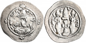 SASANIAN KINGS. Khosrau I, 531-579. Drachm (Silver, 32 mm, 3.74 g, 2 h), AP (probably Abarshahr), RY 9 = AD 539. Draped bust of Khosrau I to right, we...