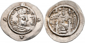 SASANIAN KINGS. Hormizd IV, 579-590. Drachm (Silver, 32 mm, 4.12 g, 3 h), BYŠ (Bishapur), RY 9 = AD 587. Draped bust of Hormizd IV to right, wearing e...