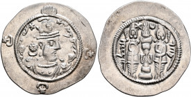 SASANIAN KINGS. Hormizd IV, 579-590. Drachm (Silver, 30 mm, 4.26 g, 10 h), NAL (Narmashir in Kirman?), RY 10 = AD 588. Draped bust of Hormizd IV to ri...