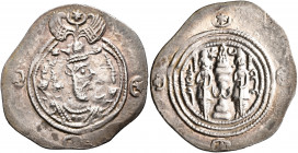 SASANIAN KINGS. Khosrau II, 591-628. Drachm (Silver, 32 mm, 4.07 g, 4 h), ST (Stakhr), RY 6 = AD 596. Draped bust of Khosrau II to right, wearing elab...