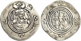 SASANIAN KINGS. Khosrau II, 591-628. Drachm (Silver, 32 mm, 4.00 g, 3 h), NY (Nemavand), RY 37 = AD 627. Draped bust of Khosrau II to right, wearing e...
