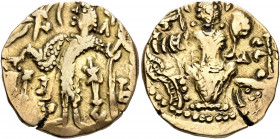 HUNNIC TRIBES, Kidarites. Kirada, circa 340-356. Dinar (Electrum, 22 mm, 8.00 g, 12 h). Kirada standing front, head to left, sacrificing with his righ...