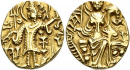 HUNNIC TRIBES, Kidarites. Kirada, circa 340-356. Dinar (Gold, 19 mm, 7.76 g, 12 h), Gandhara. Kirada standing front, head to left, sacrificing with hi...