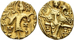 HUNNIC TRIBES, Kidarites. Kirada, circa 340-356. Dinar (Gold, 19 mm, 7.73 g, 12 h), time of Yashada and Kirada, Gandhara. Kirada standing front, head ...