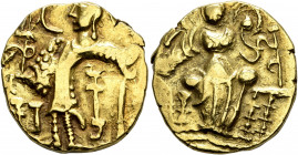 HUNNIC TRIBES, Kidarites. Kidara, circa 350-385. Dinar (Gold, 21 mm, 7.74 g, 1 h), Gandhara. King standing front, head to left, sacrificing with his r...