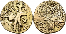 HUNNIC TRIBES, Kidarites. Uncertain king, late 4th-early 5th century. Dinar (Electrum, 23 mm, 8.00 g, 12 h), uncertain mint. King standing front, head...