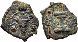 HUNNIC TRIBES, Kidarites. Uncertain king, late 4th-early 5th century. AE (Bronze, 12 mm, 0.73 g, 7 h). Bust of Kidarite king facing, wearing elaborate...
