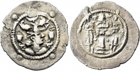 HUNNIC TRIBES, Hephthalites. Drachm (Silver, 30 mm, 3.46 g, 3 h), imitating a drachm of the Sasanian King Peroz I (457/9-484) from Balkh, 6th century....