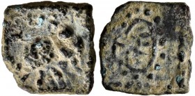 HUNNIC TRIBES, Uncertain. Circa 4th-8th centuries. AE (Bronze, 10x10 mm, 0.58 g, 9 h), Gandhara. JAJATI DHARMA ('He is victorious, law' in Brahmi) Ele...