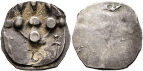 HUNNIC TRIBES, Hunnic Kingdom in Sind and Gujarat. Uncertain king, circa 6th century. AR Unit (Silver, 16 mm, 1.25 g). HAKA (in Brahmi) Three pellets ...