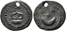 MOESIA INFERIOR. Nicopolis ad Istrum (?). Pseudo-autonomous issue. Tessera (Bronze, 13 mm, 0.73 g, 12 h), circa 1st-3rd centuries. Serpent coiled to r...