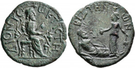 THRACE. Bizya. Pseudo-autonomous issue. Diassarion (Bronze, 23 mm, 7.49 g, 6 h), time of Hadrian, 117-138. ΔΙΟΝΥСⲰ ΚΤΙСΤΗ Dionysos seated right, holdi...