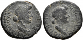 MYSIA. Pergamum. Julia Augusta (Livia), with Julia, Augusta, 14-29. Hemiassarion (Bronze, 17 mm, 3.56 g, 1 h), Charinos, grammateus, circa 10-2 BC. ΛI...