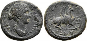 IONIA. Smyrna. Faustina Junior, Augusta, 147-175. Assarion (Bronze, 20 mm, 5.12 g, 6 h), Theudianos, strategos, circa 147-161. ΦΑΥϹΤЄΙΝΑ ϹЄΒΑϹΤΗ Drape...