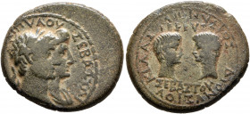 LYDIA. Magnesia ad Sipylum. Augustus, with Livia, Caius, and Lucius, 27 BC-AD 14. Hemiassarion (Bronze, 21 mm, 4.99 g, 12 h), Dionysios Kilas, son of ...