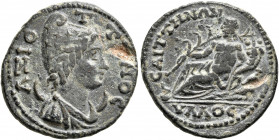 LYDIA. Saitta. Pseudo-autonomous issue. Assarion (Bronze, 21 mm, 4.23 g, 6 h), time of Caracalla-Elagabalus, 198-222. AZIOTTHNOC Draped bust of Mên Ax...
