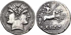 Anonymous, circa 225-214 BC. Quadrigatus - Didrachm (Silver, 21 mm, 6.69 g, 3 h), uncertain mint. Laureate head of Janus. Rev. ROMA (incuse on raised ...