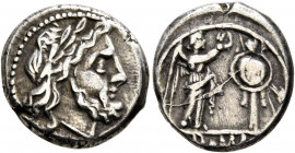 Anonymous, circa 211-208 BC. Victoriatus (Silver, 16 mm, 3.13 g, 8 h), uncertain mint in Sicily. Laureate head of Jupiter to right. Rev. ROMA Victory ...