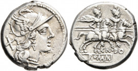 Cn. Domitius Ahenobarbus, 189-180 BC. Denarius (Silver, 18 mm, 4.00 g, 10 h), Rome. Head of Roma to right, wearing crested and winged helmet; behind, ...