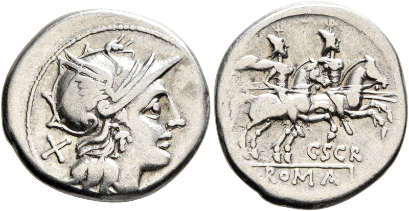 C. Scribonius, 154 BC. Denarius (Silver, 19 mm, 3.46 g, 9 h), Rome. Head of Roma...