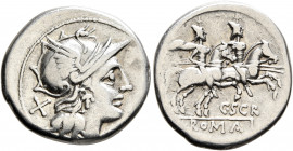 C. Scribonius, 154 BC. Denarius (Silver, 19 mm, 3.46 g, 9 h), Rome. Head of Roma to right, wearing crested and winged helmet; before, X (mark of value...