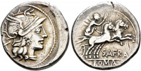 Spurius Afranius, 150 BC. Denarius (Silver, 20 mm, 3.84 g, 11 h), Rome. Head of Roma to right, wearing winged helmet, pendant earring and pearl neckla...