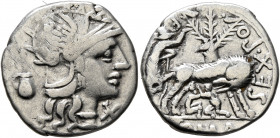 Sex. Pompeius Fostlus, 137 BC. Denarius (Silver, 20 mm, 3.73 g, 4 h), Rome. Head of Roma to right, wearing winged helmet; behind, jug; before, X (mark...