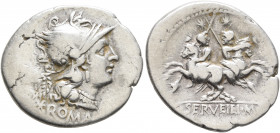 C. Servilius M.f, 136 BC. Denarius (Silver, 21 mm, 3.52 g, 5 h), Rome. ROMA Head of Roma to right, wearing winged helmet, pendant earring and necklace...