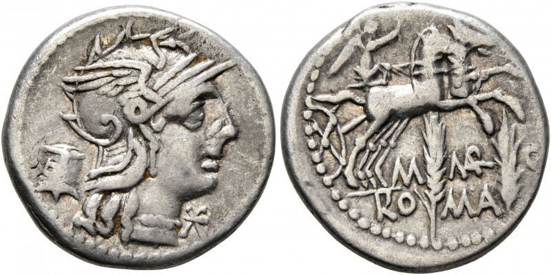 M. Marcius Mn.f, 134 BC. Denarius (Silver, 19 mm, 3.86 g, 3 h), Rome. Head of Ro...