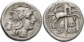M. Marcius Mn.f, 134 BC. Denarius (Silver, 19 mm, 3.86 g, 3 h), Rome. Head of Roma to right, wearing winged helmet, triple pendant earring and pearl n...