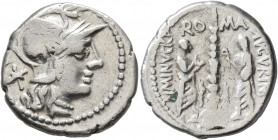 Ti. Minucius C.f. Augurinus, 134 BC. Denarius (Silver, 18 mm, 3.88 g, 7 h), Rome. Head of Roma to right, wearing winged helmet; behind head, star (mar...