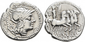 M. Acilius M.f, 130 BC. Denarius (Silver, 18 mm, 3.83 g, 5 h), Rome. M•ACILIVS•M•F Head of Roma to right, wearing crested and winged helmet; behind, X...