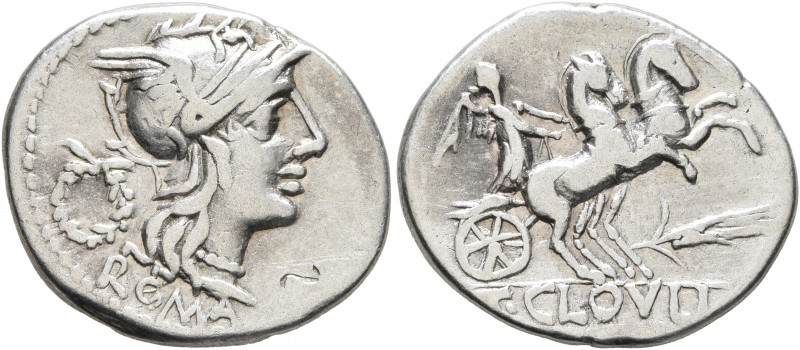 T. Cloelius, 128 BC. Denarius (Silver, 21 mm, 3.83 g, 4 h), Rome. ROMA Head of R...