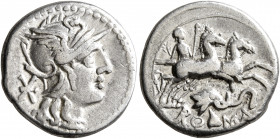 L. Caecilius Metellus Diadematus, 128 BC. Denarius (Silver, 18 mm, 3.83 g, 11 h), Rome. Head of Roma to right, wearing crested and winged helmet; behi...
