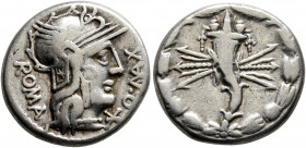 Q. Fabius Maximus, 127 BC. Denarius (Silver, 17.5 mm, 3.83 g, 2 h), Rome. ROMA - Q• MA X Head of Roma to right, wearing crested and winged helmet. Rev...