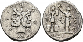 M. Furius L.f. Philus, 120 BC. Denarius (Silver, 19.5 mm, 3.83 g, 11 h), Rome. M•FOVRI•L•F Laureate head of Janus. Rev. ROMA / [P]H L I Roma standing ...