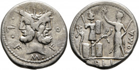 M. Furius L.f. Philus, 120 BC. Denarius (Silver, 19.5 mm, 3.85 g, 11 h), Rome. M•FOVRI•L•F Laureate head of Janus. Rev. ROMA / [P]H L I Roma standing ...
