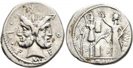 M. Furius L.f. Philus, 120 BC. Denarius (Silver, 19 mm, 3.88 g, 9 h), Rome. M•FOVRI•L•F Laureate head of Janus. Rev. ROMA / PH L I Roma standing front...
