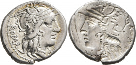 M. Tullius, 119 BC. Denarius (Silver, 20 mm, 3.81 g, 12 h), brockage mint error, Rome. Head of Roma to right, wearing winged helmet; before, star (mar...