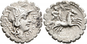 L. Porcius Licinus, 118 BC. Denarius (Silver, 20 mm, 3.76 g, 12 h), with L. Licinius Crassus and Cn. Domitius Ahenobarbus, Rome. L•PORCI - LICI Head o...