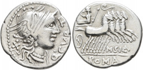 Q. Curtius, 116-115 BC. Denarius (Silver, 20 mm, 3.86 g, 4 h), with M. Silanus, Rome. Q•CVRT Head of Roma to right, wearing crested and winged helmet;...