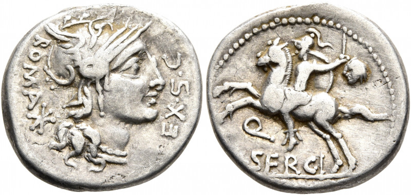 M. Sergius Silus, 116-115 BC. Denarius (Silver, 19 mm, 3.90 g, 6 h), Rome. ROMA ...