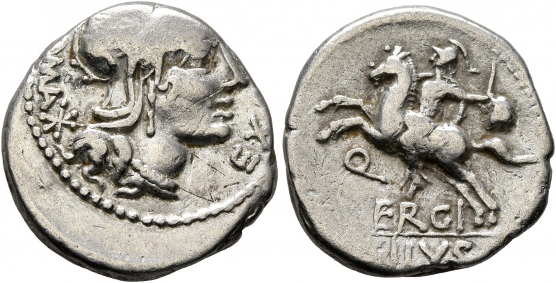 M. Sergius Silus, 116-115 BC. Denarius (Silver, 19 mm, 3.88 g, 5 h), Rome. ROMA ...
