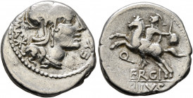 M. Sergius Silus, 116-115 BC. Denarius (Silver, 19 mm, 3.88 g, 5 h), Rome. ROMA - EX [S•C•] Head of Roma to right, wearing winged helmet; behind, star...