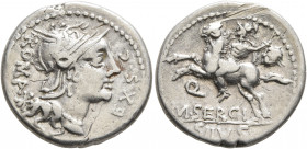 M. Sergius Silus, 116-115 BC. Denarius (Silver, 19 mm, 3.92 g, 12 h), Rome. ROMA - EX S•C• Head of Roma to right, wearing winged helmet; behind, star ...