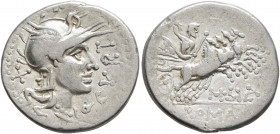 M. Sergius Silus, 116-115 BC. Denarius (Silver, 20 mm, 3.86 g, 12 h), with Q. Curtius, Rome. Head of Roma to right, wearing winged helmet, pendant ear...